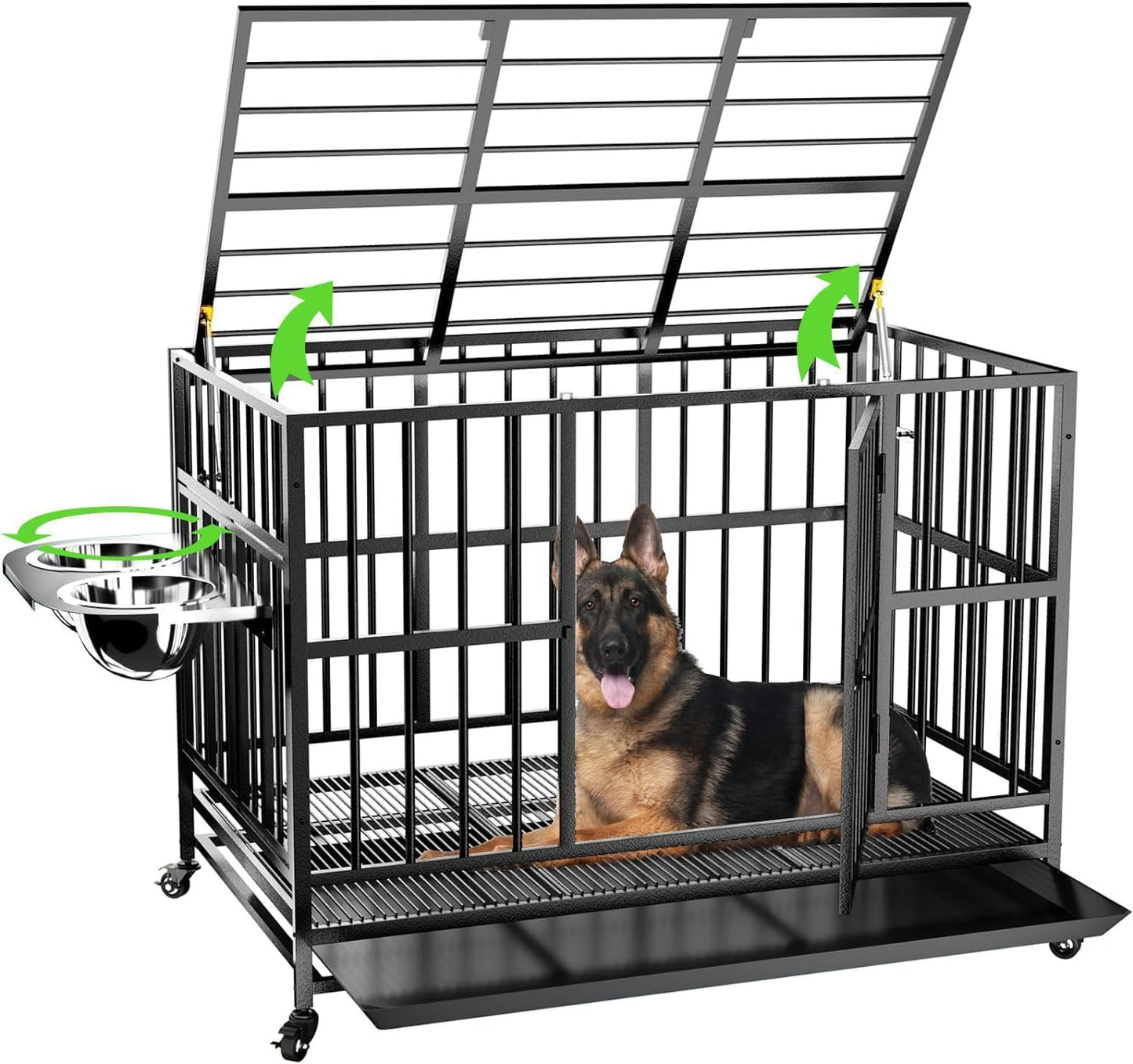 ROOMTEC  43" Heavy Duty Dog Crate with Unique Air Lift Rod/Wheels/ 360° & Adjustable 2 Bowls, Extra Medium Dog Crate