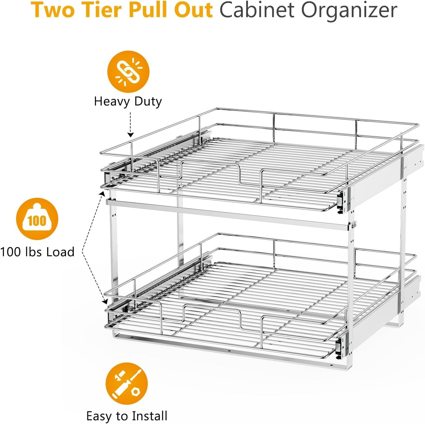 ROOMTEC Slide Out Cabinet Organizer for Kitchen, 2 Tier Pull Out Shelves Sliding Cabinet Organizer and Storage, Chrome (16.5" W x 20.5" D)