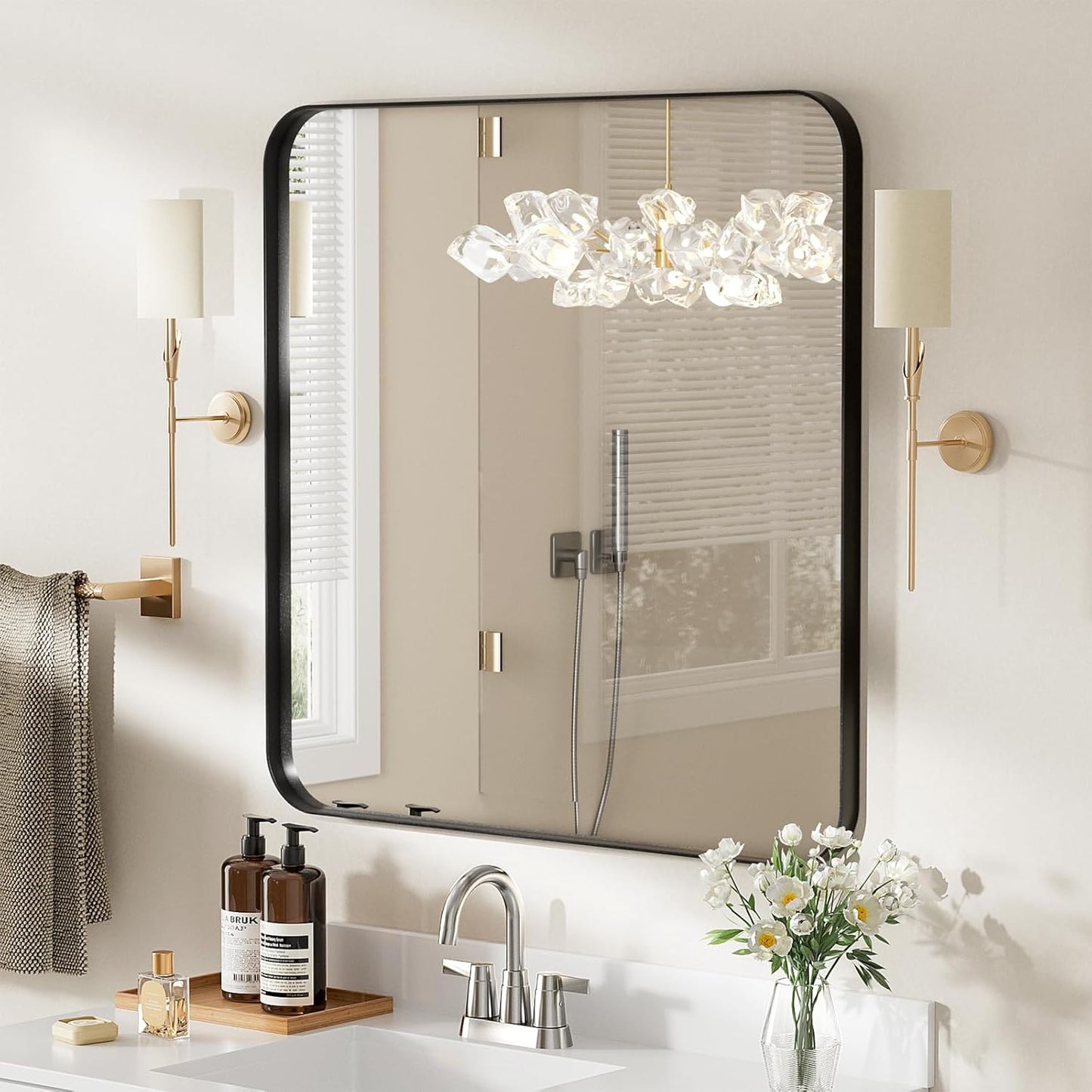 ROOMTEC Gold Bathroom Mirrors for Wall, 20X30 Inch Rounded Rectangle Mirror, Gold Bathroom Vanity Mirror, Metal Framed Wall-Mounted Mirror,Tempered Glass,(Horizontally or Vertically