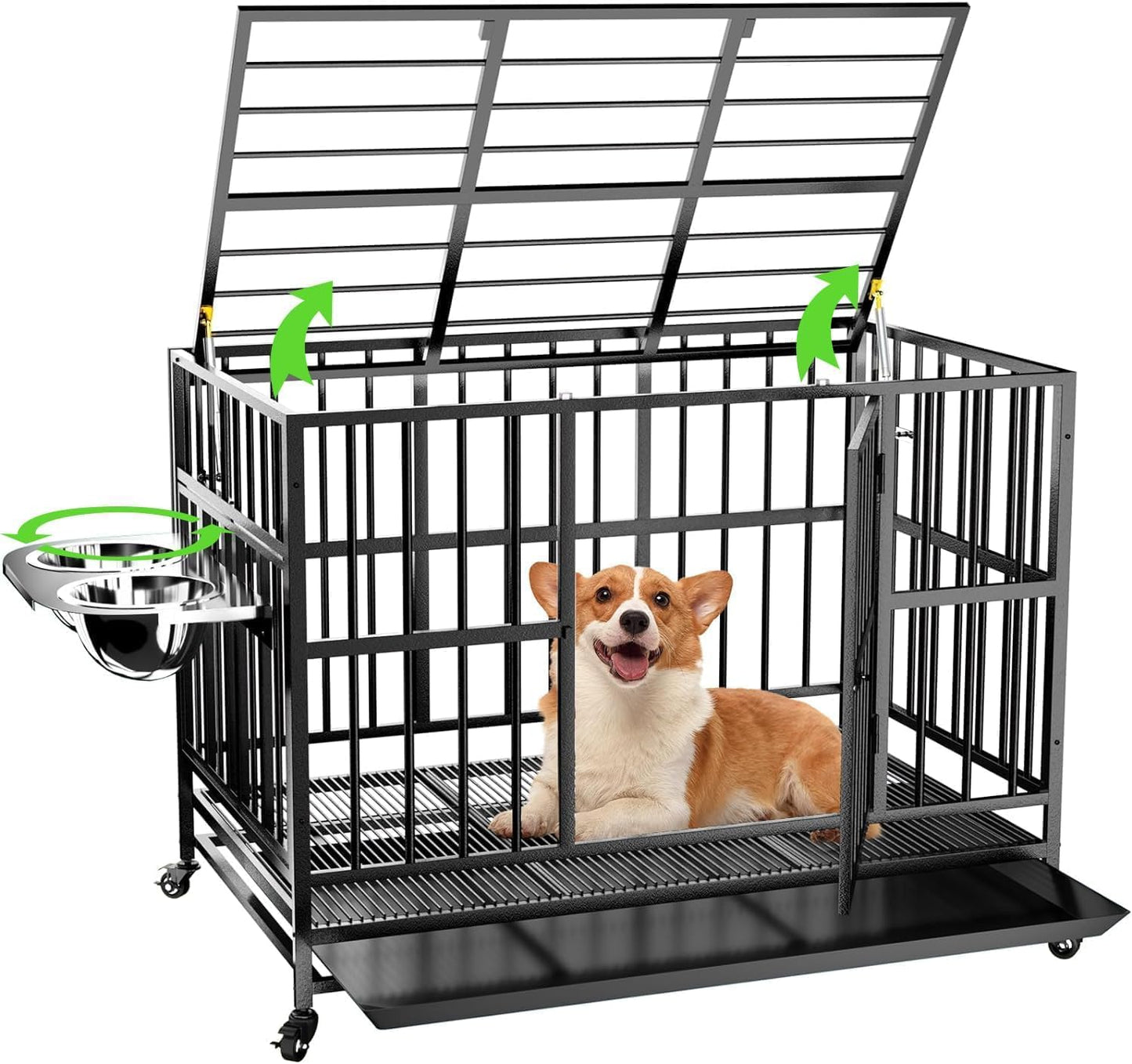 ROOMTEC  43" Heavy Duty Dog Crate with Unique Air Lift Rod/Wheels/ 360° & Adjustable 2 Bowls, Extra Medium Dog Crate