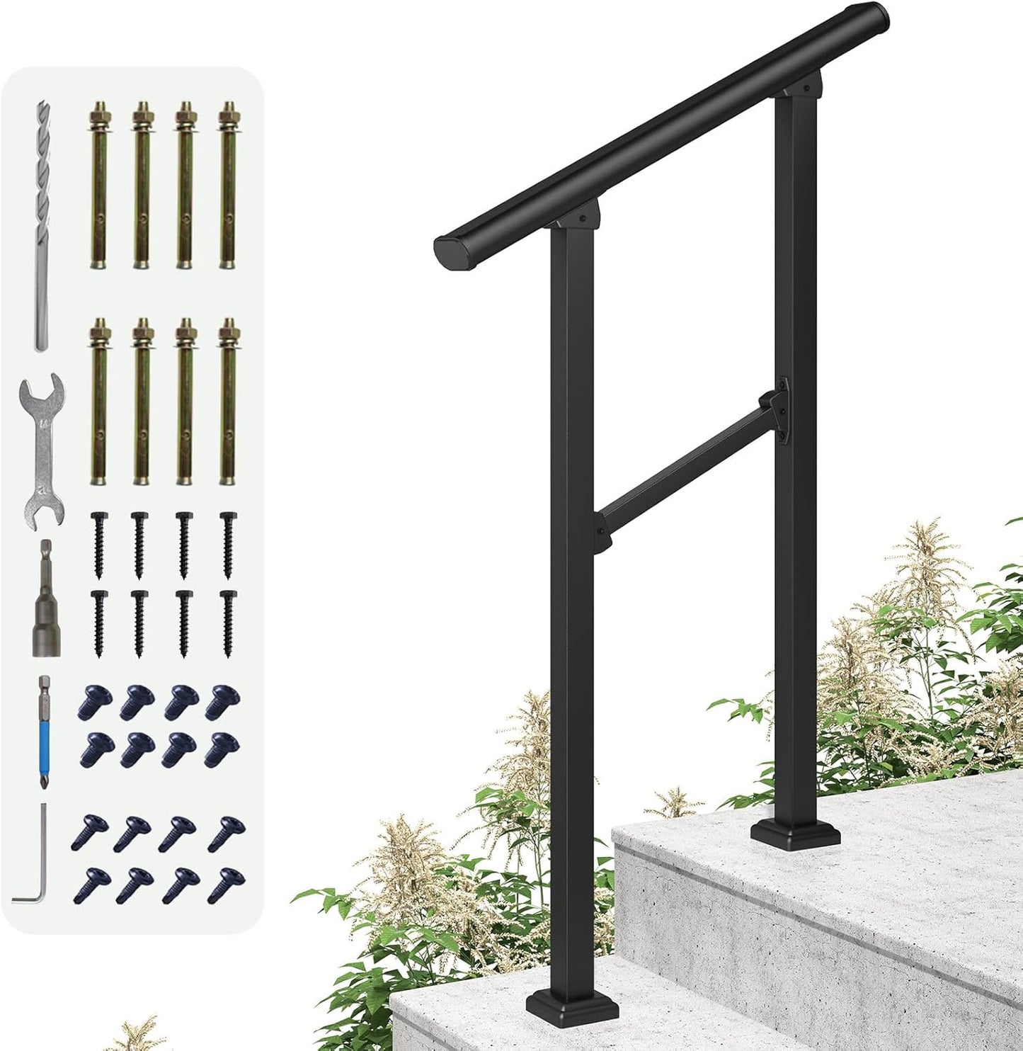 ROOMTEC  2 Step Hand Rails for Outdoor Steps, Wrought Iron Railing, Exterior Hand Railing for Steps, Porch Railing Kit (1-2 Steps Handrail)