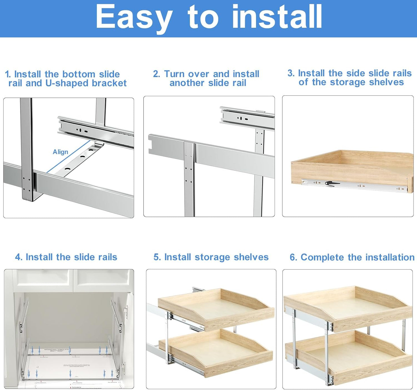 ROOMTEC 2 Tier Pull Out Cabinet Organizer, Double Tier Slide Out Wood Cabinet Organizer with U Bracket, Pull Out Drawers for Base Cabinet Organization in Kitchen, Pantry(13½"W x 21" D)
