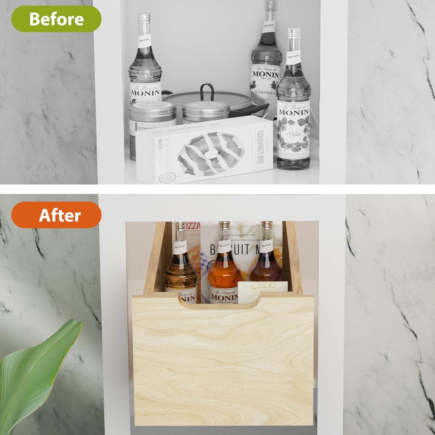 ROOMTEC Pull Out Cabinet Organizer with Full Extension Rail Slides, Wooden Pull Out Shelf for Kitchen Cabinet Pantry, 8" High Pull Out Drawer Storage Organizer with U Bracket, 10½"W×21" D, Hard Close