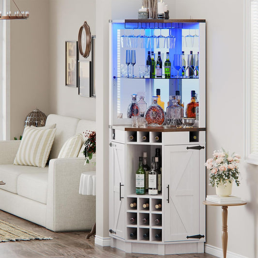 ROOMTEC Corner Bar Cabinet for Liquor, 71" Farmhouse Wine Cabinet with LED Strip and Glass Holder, Corner Cabinet with Doors and Adjustable Shelf, Liquor Cabinet Bar for Home