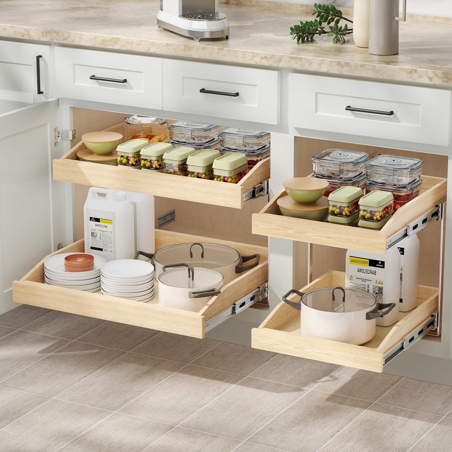 ROOMTEC 2 Tier Pull Out Cabinet Organizer, Double Tier Slide Out Wood Cabinet Organizer with U Bracket, Pull Out Drawers for Base Cabinet Organization in Kitchen, Pantry(13½"W x 21" D)