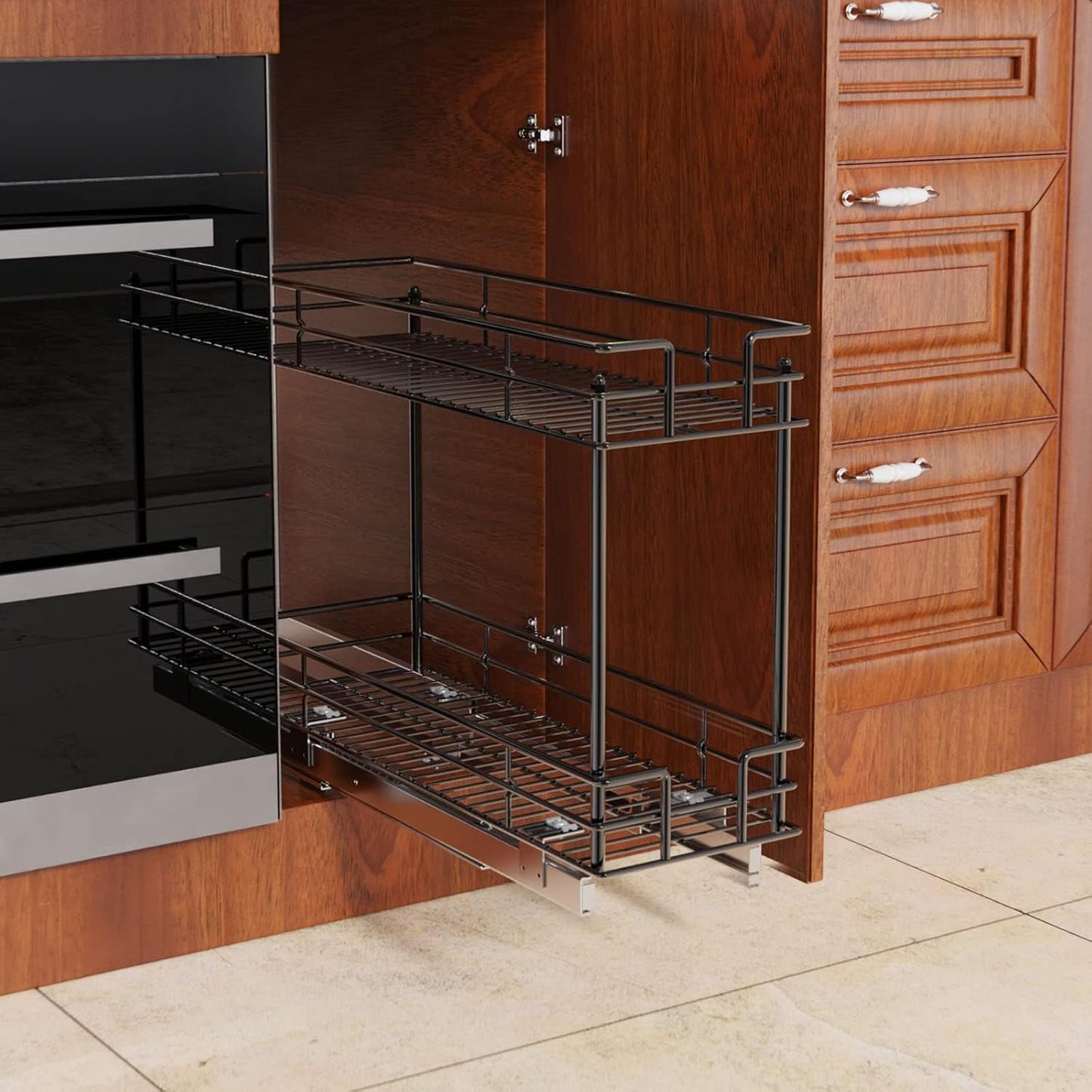 ROOMTEC Pull Out Spice Rack for Narrow Cabinet (5½" W X 21" D),3 Tier Slide Out Cabinet Organizer and Pull Out Shelves Under Cabinet Storage for Kitchen, Chrome