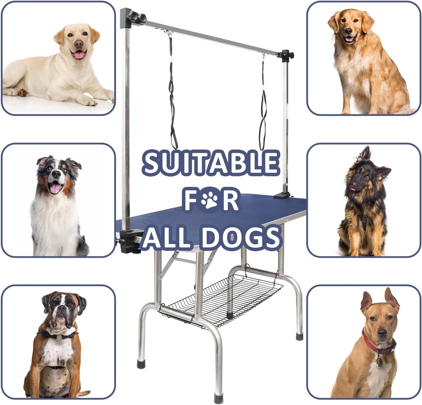 ROOMTEC 46" Dog Grooming Table,Foldable Home Pet Bathing Station with Adjustable Height Arm/Noose/Mesh Tray