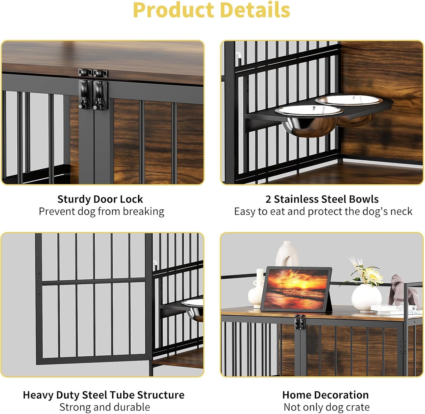 ROOMTEC Furniture Style Large Dog Crate with 360° & Adjustable Raised Feeder for Dogs 2 Stainless Steel Bowls -End Table House Pad, Indoor Use,41" L X 24" W 36" H, Classic Brown