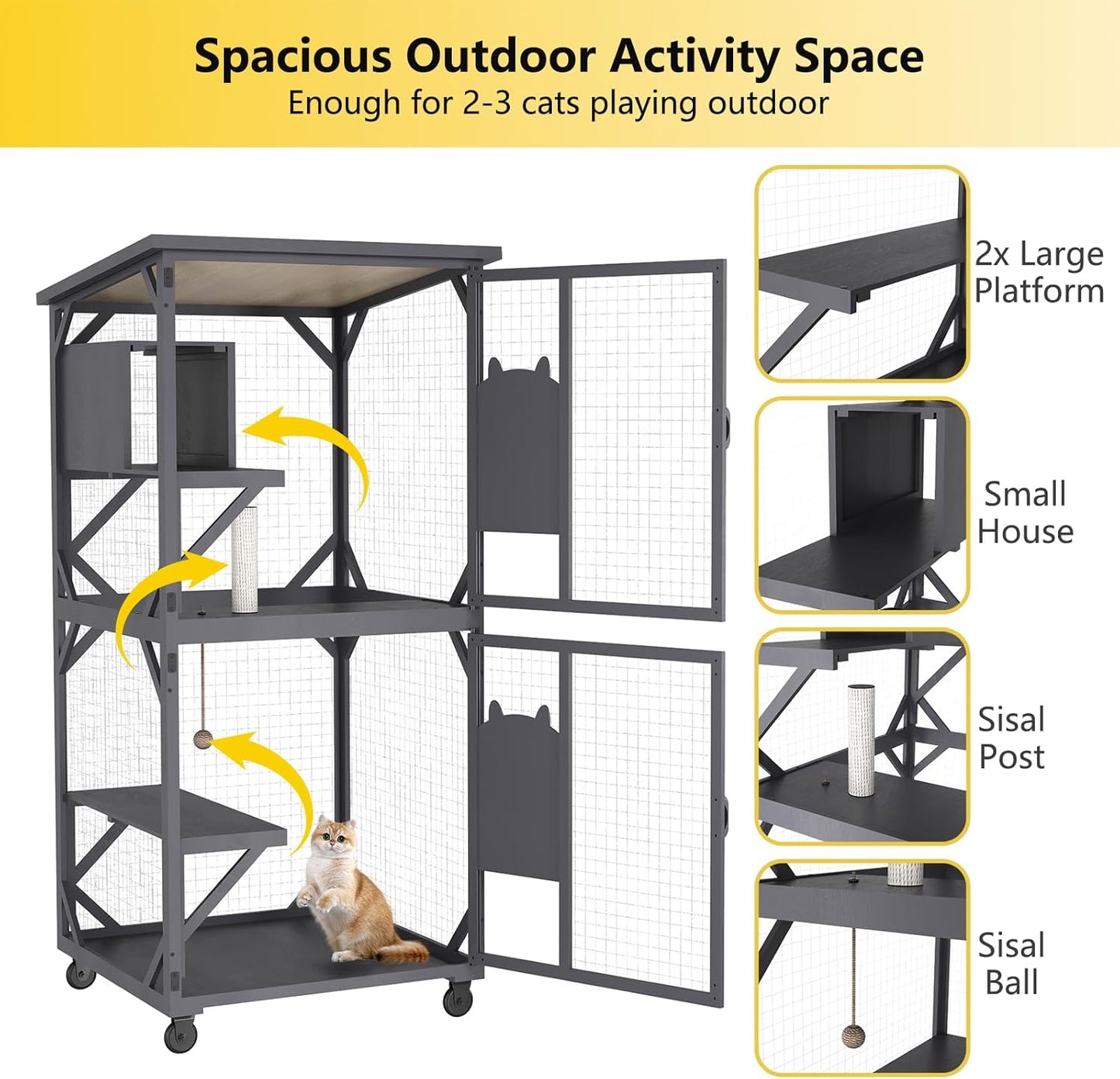 ROOMTEC Catio Outdoor Cat Enclosure with Roof 71" Height Large Cat House Cat Wooden Cage with 3 Jumping Platforms and 1 Napping Houses for Cat Activity (Grey)