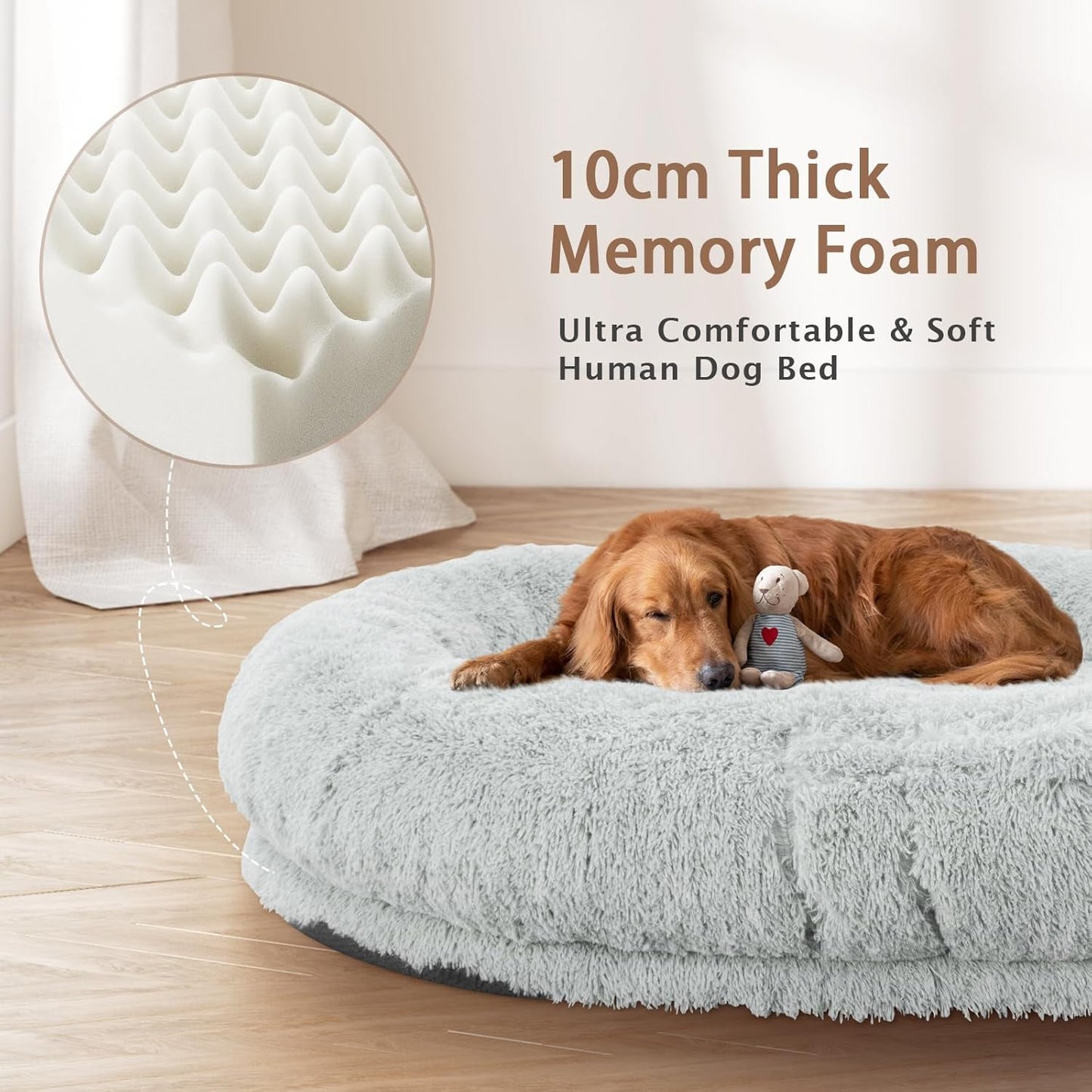 ROOMTEC Human Dog Bed, 71''x45''x12'' Size Fits Adult and Pet Washable Giant People Dog Bed 10 CM Thick Memory Foam Large Oversize Dog Bed with Plump Pillow, Blanket, Strap - Grey