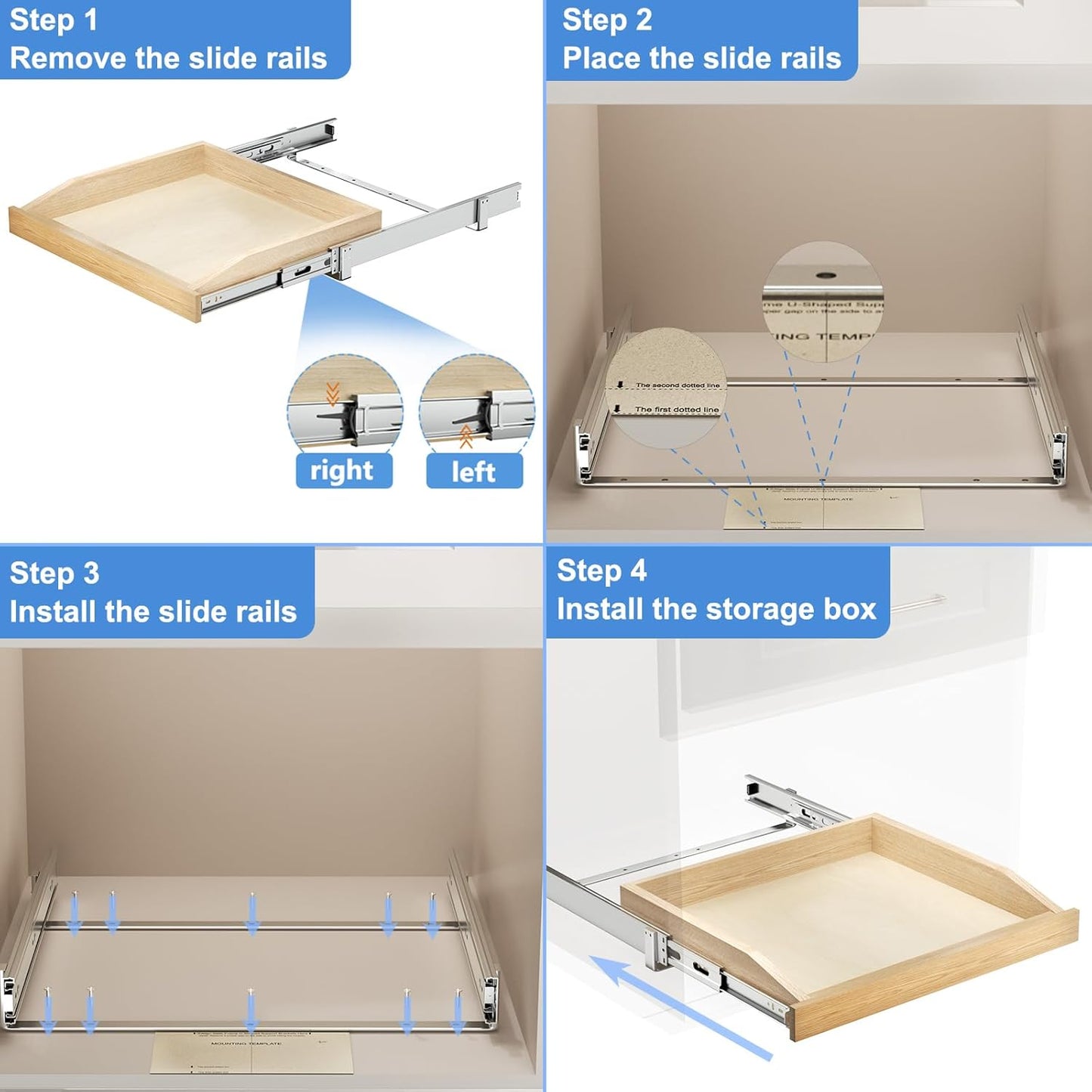 ROOMTEC 2 Tier Pull Out Cabinet Organizer, Double Tier Slide Out Wood Cabinet Organizer with U Bracket, Pull Out Drawers for Base Cabinet Organization in Kitchen, Pantry(13½"W x 21" D)