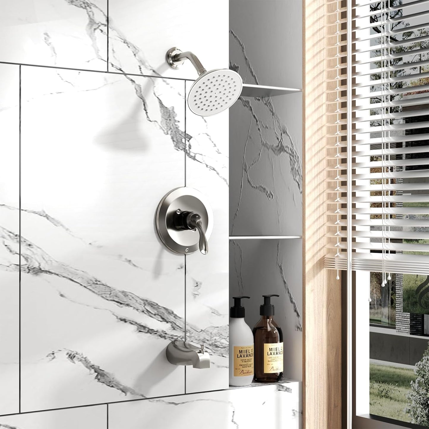 ROOMTEC Tub and Shower Trim Kit, Tub and Shower Faucet Set with Single-Spray Shower Head and Tub Spout, Single-Handle Shower Tub Kit, Brushed Nickel (Valve Included)