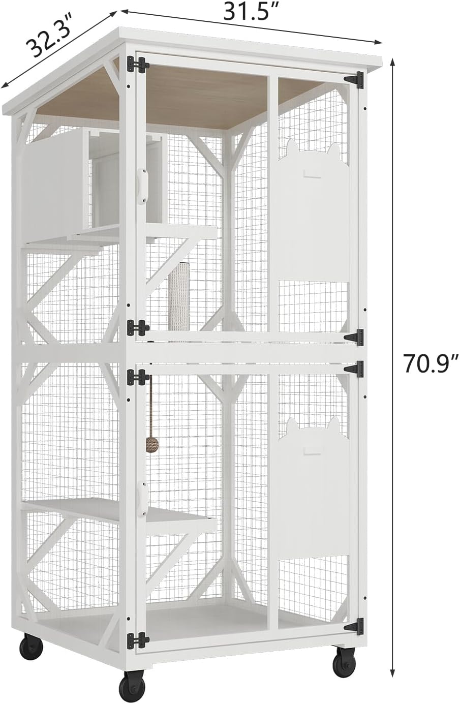 ROOMTEC Catio Outdoor Cat Enclosure with Roof 71" Height Large Cat House Cat Wooden Cage with 3 Jumping Platforms and 1 Napping Houses for Cat Activity (Grey)