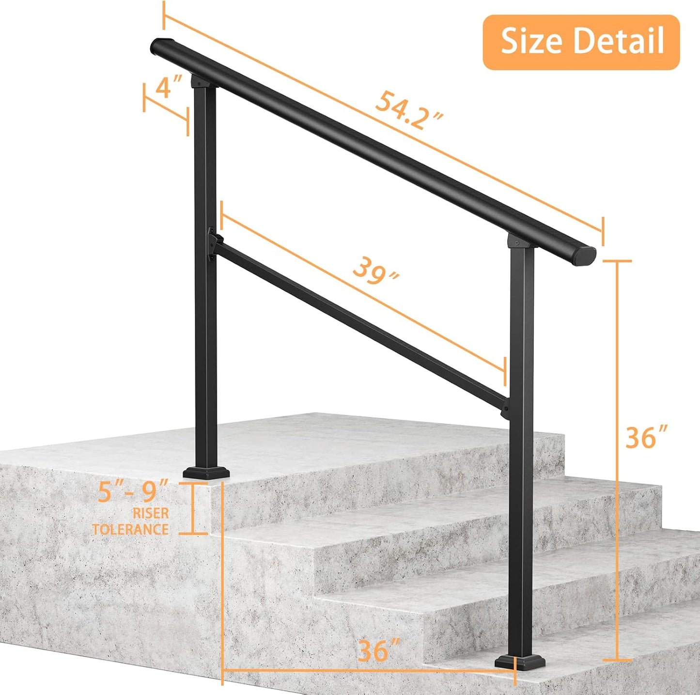 ROOMTEC  2 Step Hand Rails for Outdoor Steps, Wrought Iron Railing, Exterior Hand Railing for Steps, Porch Railing Kit (1-2 Steps Handrail)