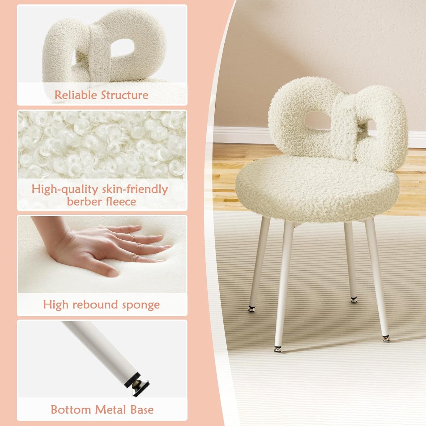 ROOMTEC Bedroom Pink Chair | No Wheels, Small Swivel, Upholstered, Cute Bow Backrest | Living Room, Comfy Desk, Makeup Reading Dining | Girls, Women, Kids