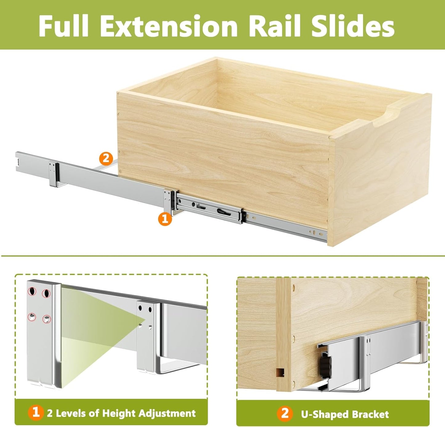ROOMTEC Pull Out Cabinet Organizer with Full Extension Rail Slides, Wooden Pull Out Shelf for Kitchen Cabinet Pantry, 8" High Pull Out Drawer Storage Organizer with U Bracket, 10½"W×21" D, Hard Close