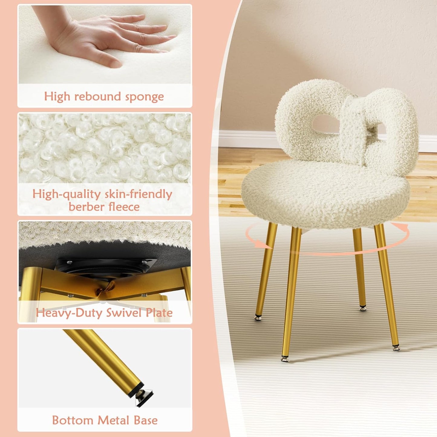 ROOMTEC Bedroom Pink Chair | No Wheels, Small Swivel, Upholstered, Cute Bow Backrest | Living Room, Comfy Desk, Makeup Reading Dining | Girls, Women, Kids