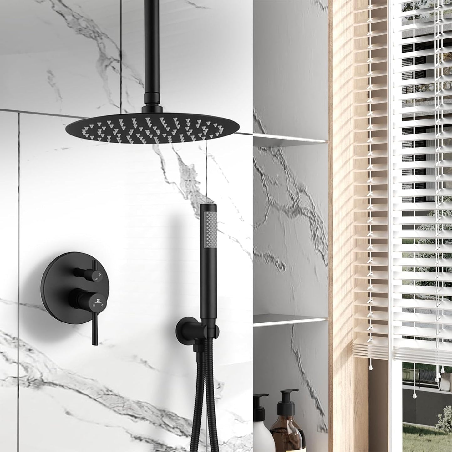10 Inches Bathroom Rain Mixer Shower Combo Set Celling Mounted Rainfall Shower Head System Matte Black Finish Shower Faucet Rough-In