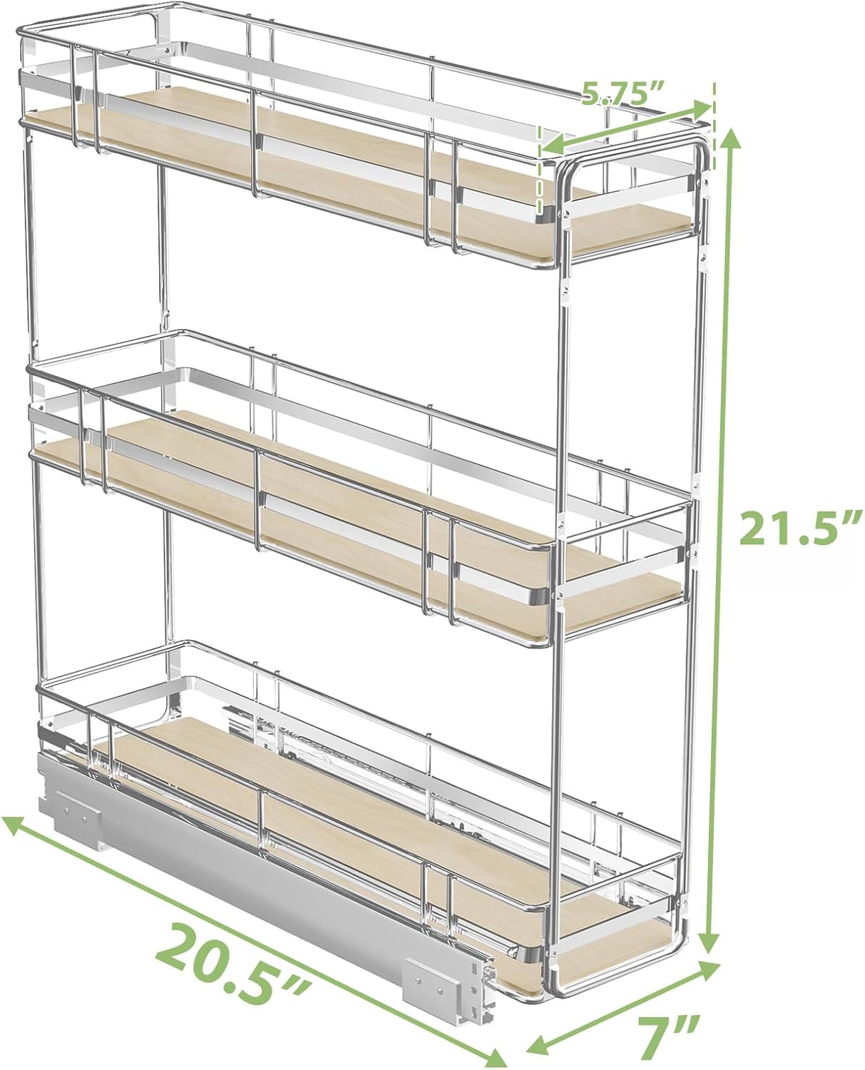 ROOMTEC 3-Tier Pull Out Cabinet Organizer Spice Rack for Narrow Cabinet 6" W x 20½" D, Slide Out Wood Shelves Storage for Kitchen