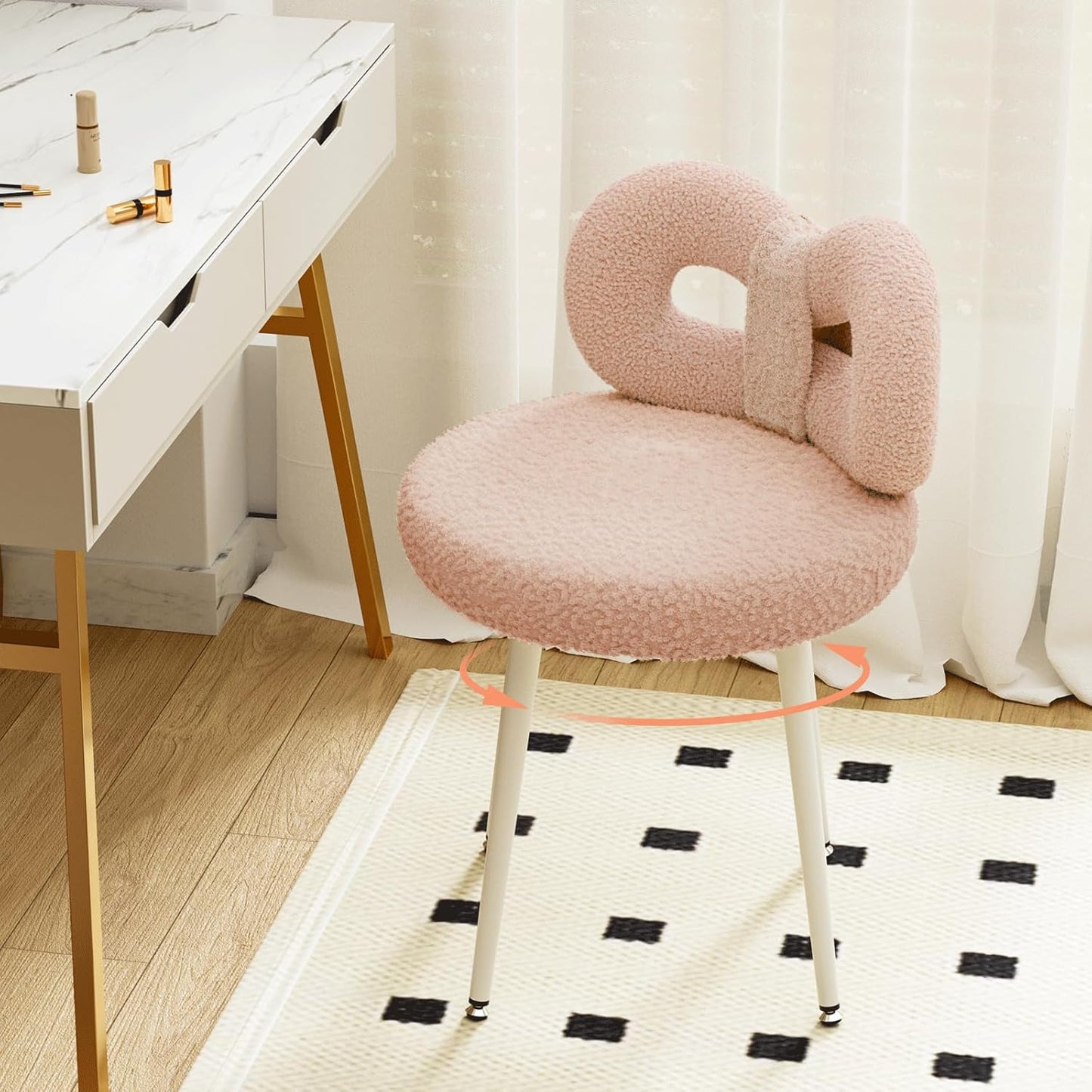 ROOMTEC Bedroom Pink Chair | No Wheels, Small Swivel, Upholstered, Cute Bow Backrest | Living Room, Comfy Desk, Makeup Reading Dining | Girls, Women, Kids