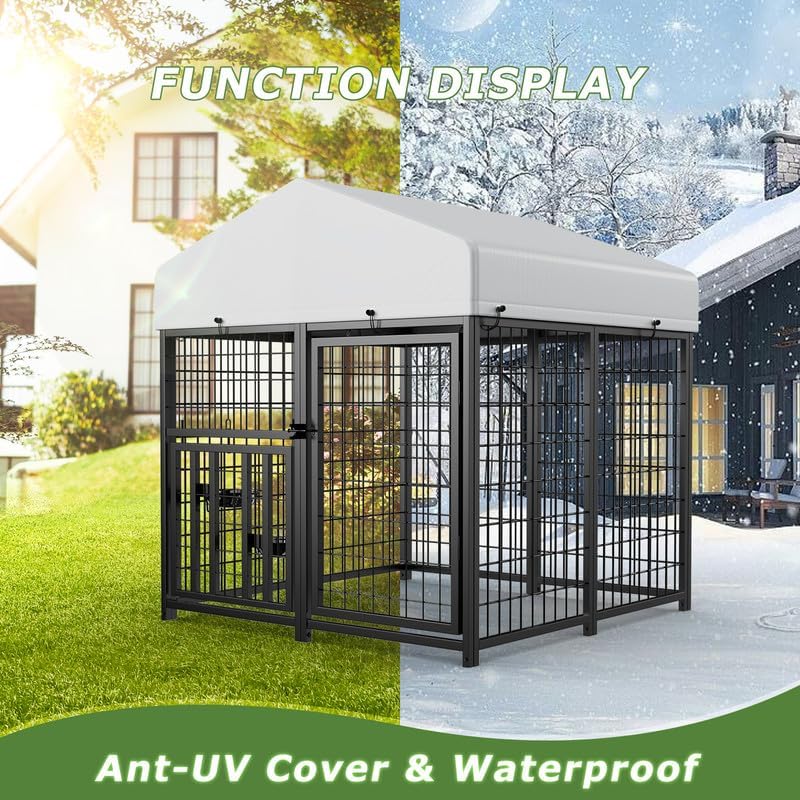 ROOMTEC Large Dog Kennel Outdoor Pet Pens Dogs Run Enclosure Animal Hutch Metal Coop Fence with Rotating Bowl (4'L x 4'W x 4.25'H)