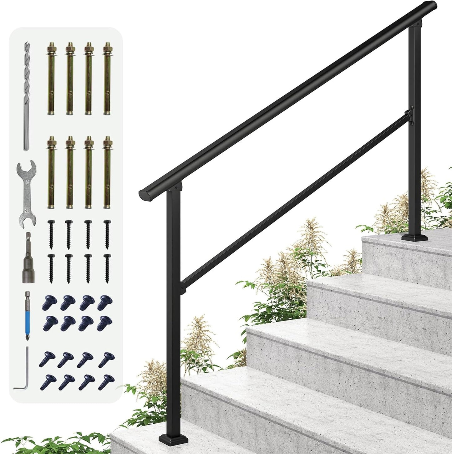 ROOMTEC  2 Step Hand Rails for Outdoor Steps, Wrought Iron Railing, Exterior Hand Railing for Steps, Porch Railing Kit (1-2 Steps Handrail)