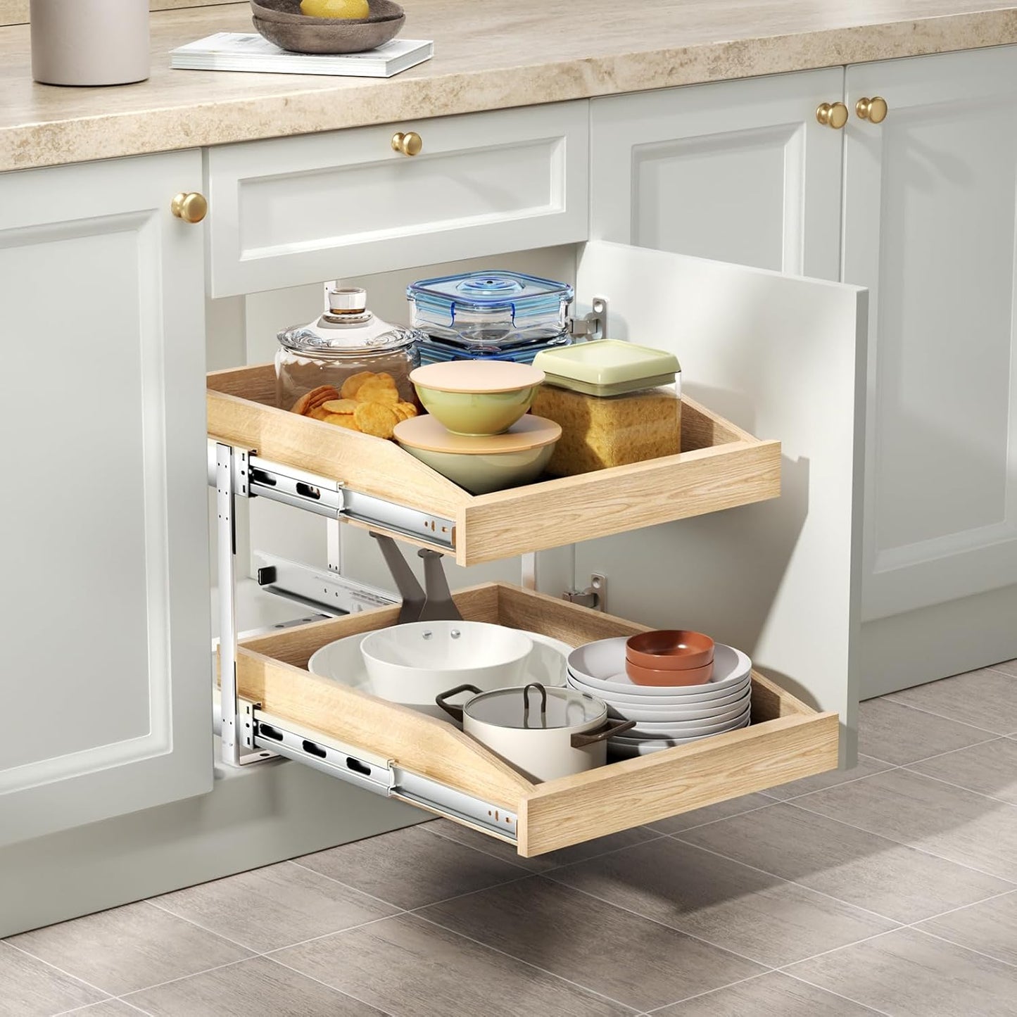 ROOMTEC 2 Tier Pull Out Cabinet Organizer, Double Tier Slide Out Wood Cabinet Organizer with U Bracket, Pull Out Drawers for Base Cabinet Organization in Kitchen, Pantry(13½"W x 21" D)