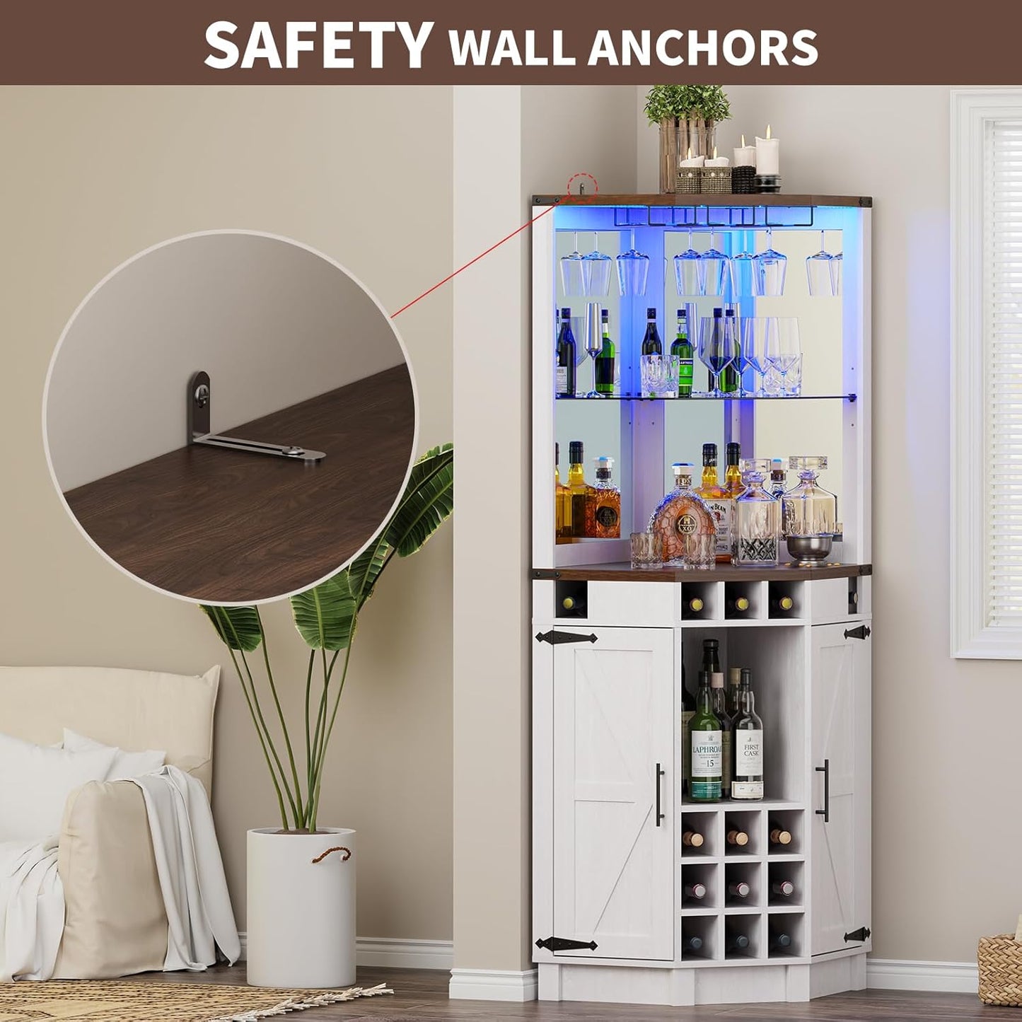 ROOMTEC Corner Bar Cabinet for Liquor, 71" Farmhouse Wine Cabinet with LED Strip and Glass Holder, Corner Cabinet with Doors and Adjustable Shelf, Liquor Cabinet Bar for Home