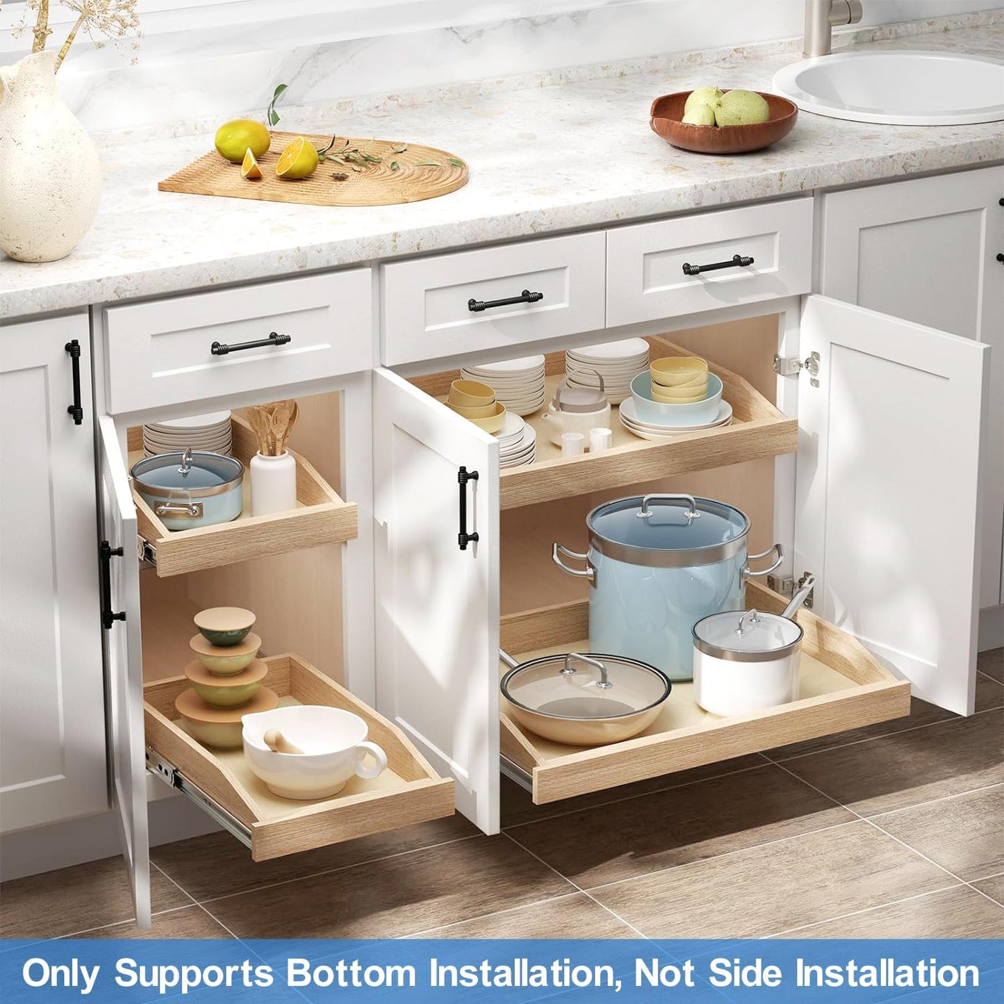 ROOMTEC 2 Tier Pull Out Cabinet Organizer, Double Tier Slide Out Wood Cabinet Organizer with U Bracket, Pull Out Drawers for Base Cabinet Organization in Kitchen, Pantry(13½"W x 21" D)