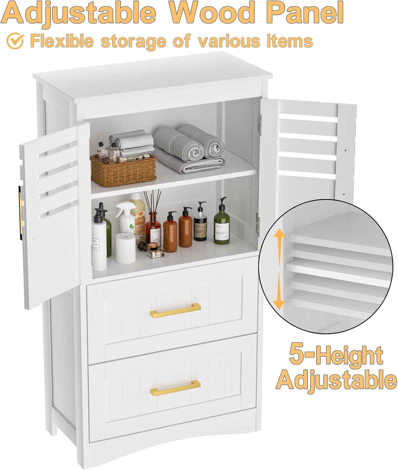 ROOMTEC Bathroom Floor Storage Cabinet,Freestanding Bathroom Cabinet with 2 Drawers and 2 Doors,Storage Cabinet with 5 Adjustable Height Shelf, 23.62 x 11.81 x 43.3Inches, White