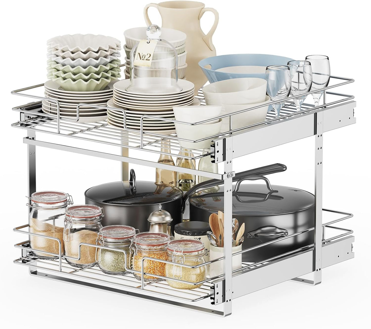 ROOMTEC Slide Out Cabinet Organizer for Kitchen, 2 Tier Pull Out Shelves Sliding Cabinet Organizer and Storage, Chrome (16.5" W x 20.5" D)
