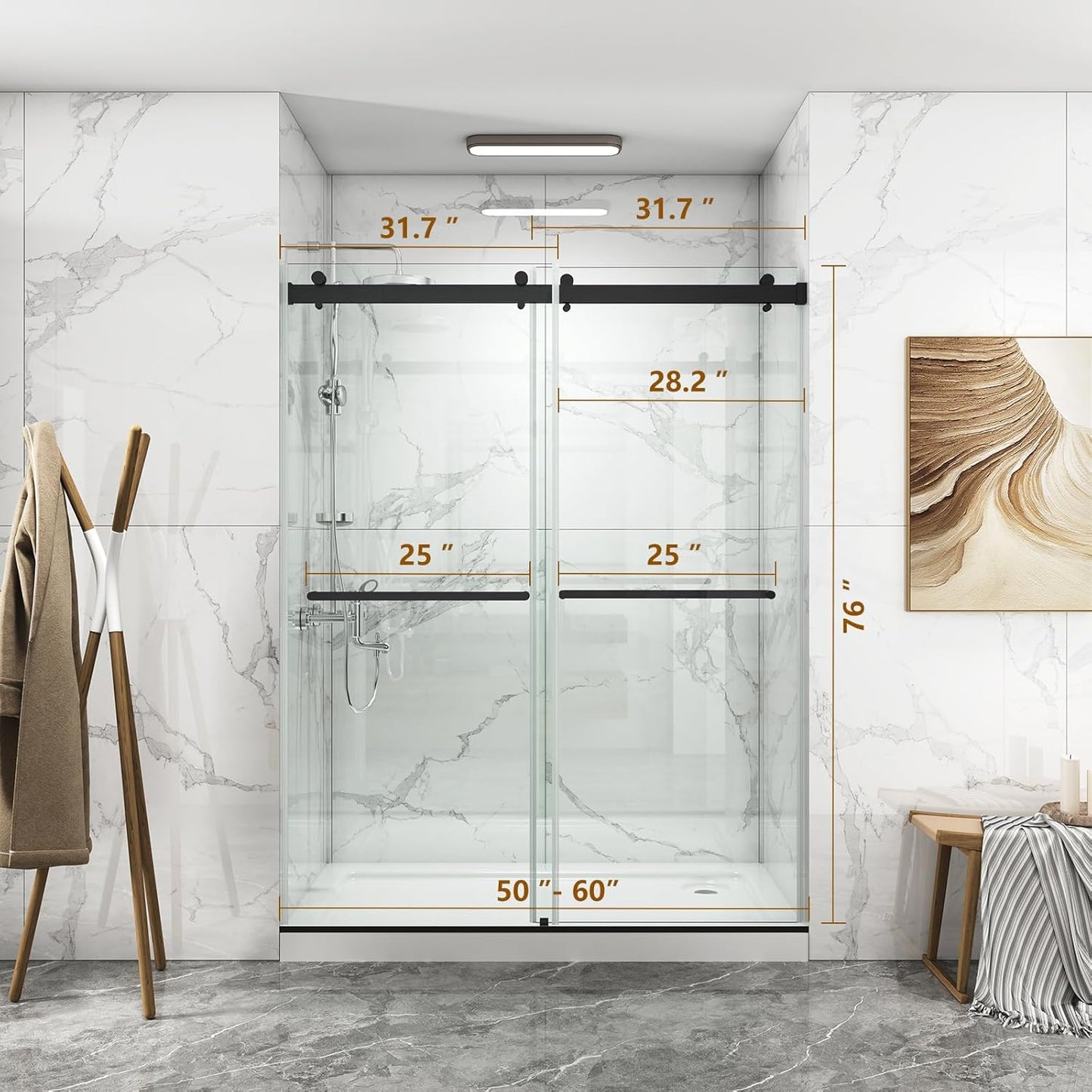 ROOMTEC 56 to 60'' W x 76'' H Frameless Shower Door, Double Sliding Shower Door with Premium 3/8'' (10mm) Thick Tempered Glass, Stainless Steel, Matte Black