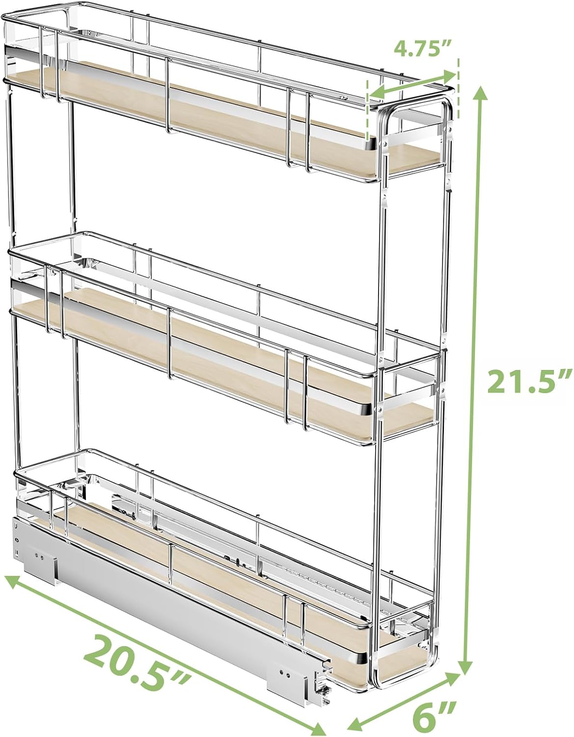 ROOMTEC 3-Tier Pull Out Cabinet Organizer Spice Rack for Narrow Cabinet 6" W x 20½" D, Slide Out Wood Shelves Storage for Kitchen