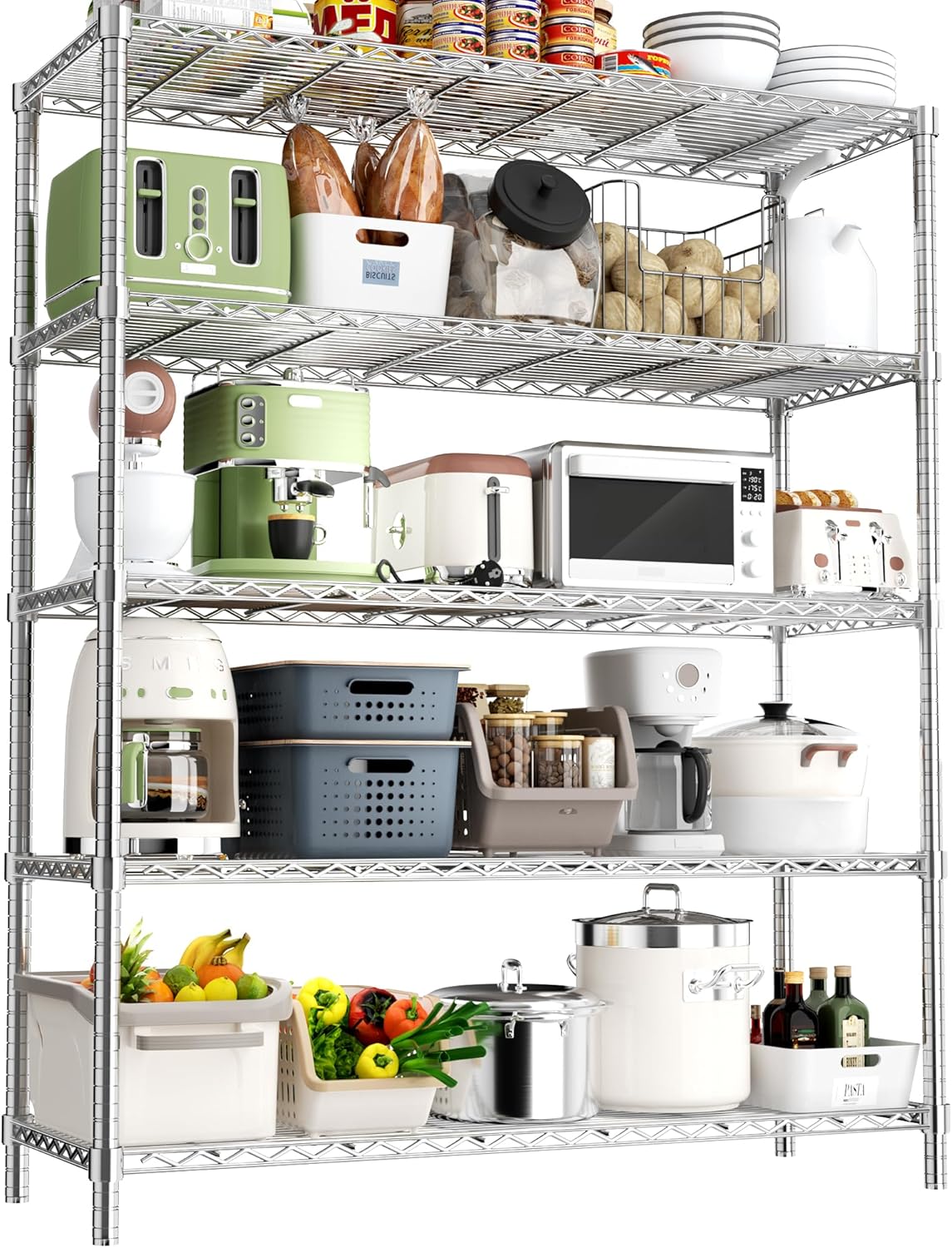 Roomtec Storage Shelves Heavy Duty, 48" L x 20" W x 72" H Garage Wire Shelving Unit Loads 2000LBS, 5-tier Adjustable Metal Industrial Utility Shelf Rack for Kitchen, Laundry Room, Pantry, Warehouse, Basement