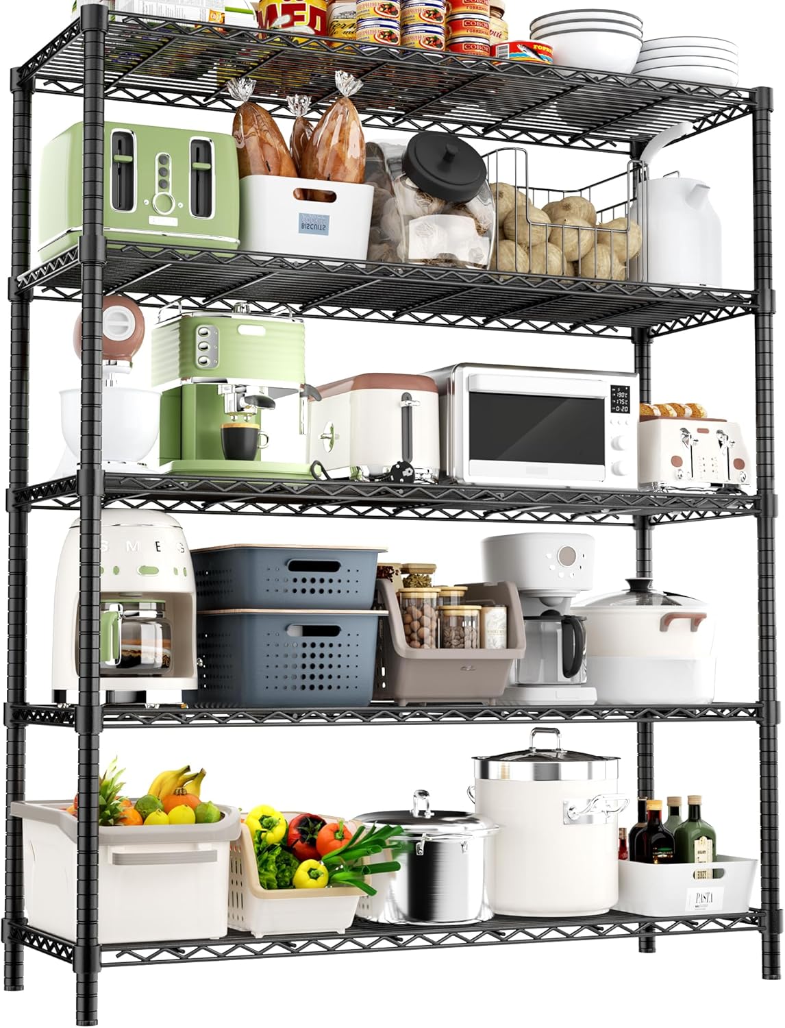 Roomtec Storage Shelves Heavy Duty, 48" L x 20" W x 72" H Garage Wire Shelving Unit Loads 2000LBS, 5-tier Adjustable Metal Industrial Utility Shelf Rack for Kitchen, Laundry Room, Pantry, Warehouse, Basement