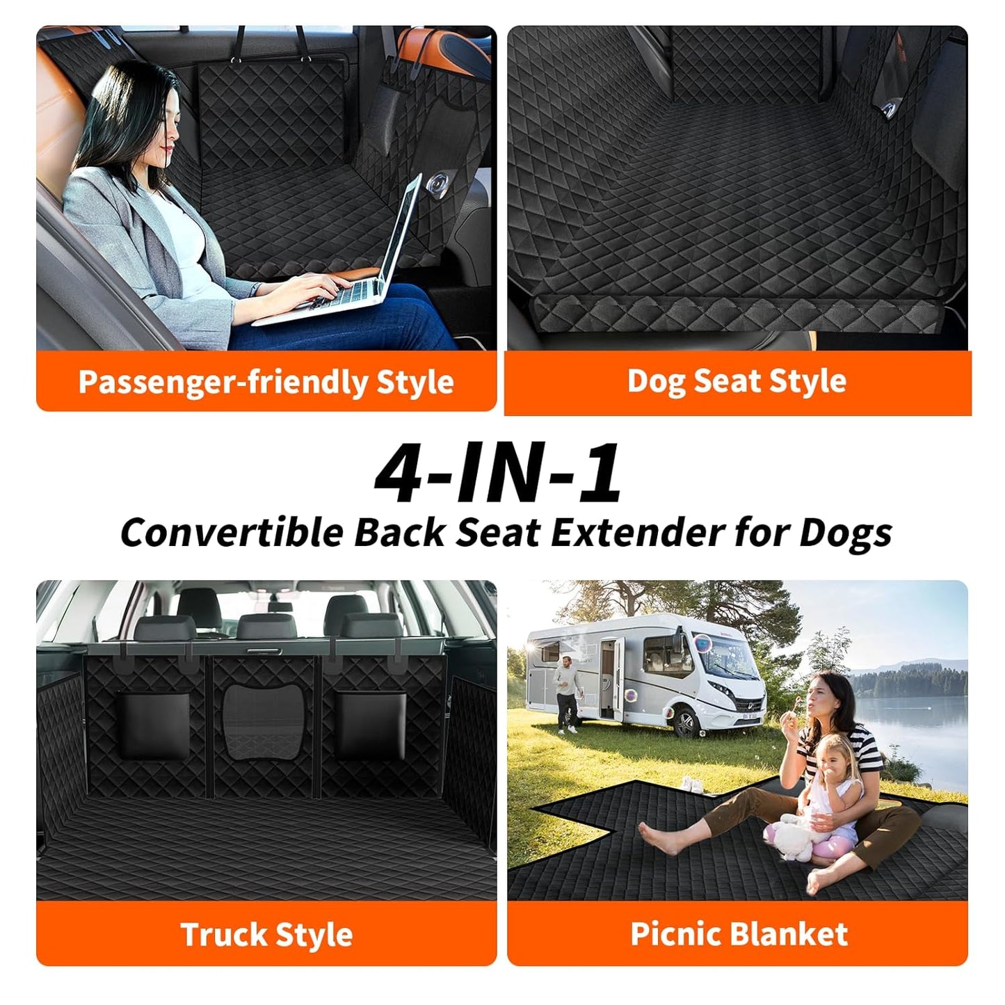 Back Seat Extender for Dogs, Hard Bottom Dog Seat Cover Holds 400 lbs Waterproof Dog Hammock with Breathable Window and Storage Bag Foldable Pet Backseat Protector for Car & SUV, Truck-Black