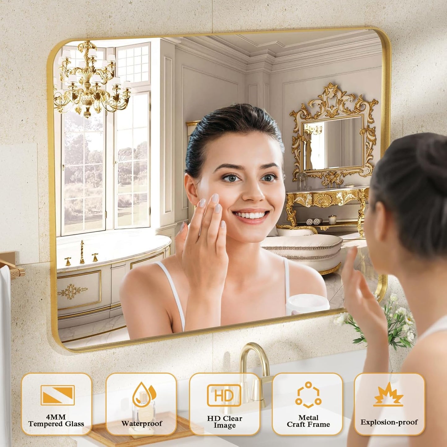 ROOMTEC Gold Bathroom Mirrors for Wall, 20X30 Inch Rounded Rectangle Mirror, Gold Bathroom Vanity Mirror, Metal Framed Wall-Mounted Mirror,Tempered Glass,(Horizontally or Vertically