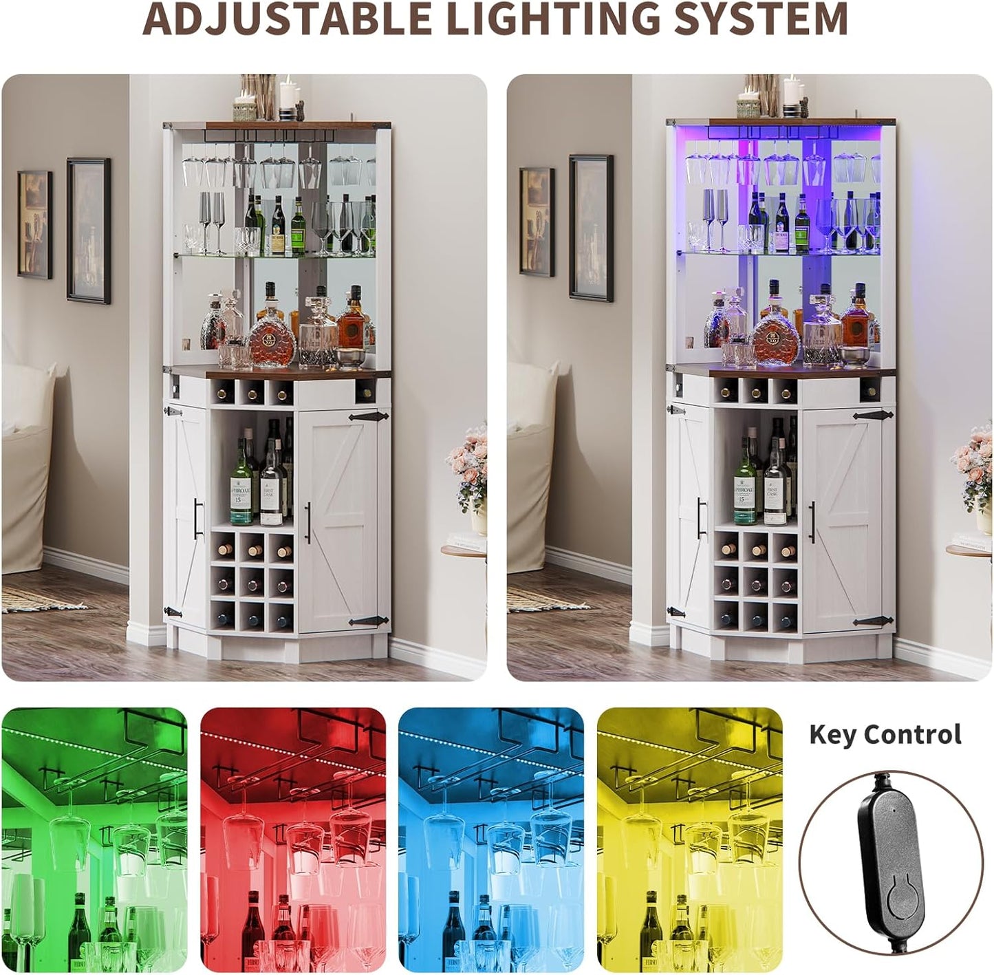 ROOMTEC Corner Bar Cabinet for Liquor, 71" Farmhouse Wine Cabinet with LED Strip and Glass Holder, Corner Cabinet with Doors and Adjustable Shelf, Liquor Cabinet Bar for Home