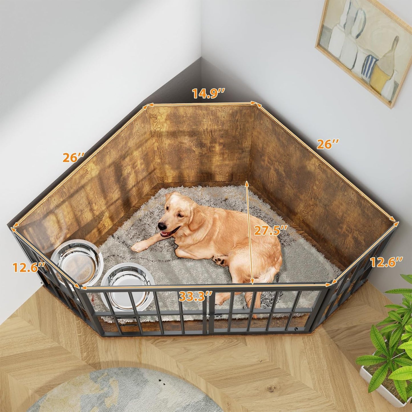 ROOMTEC 42 inch Furniture Dog Crate Corner, Dog Kennel Corner Wooden End Table with Bowl, Indoor Pet Crates Corner Side Table for Dogs, Wide Top Perfect for Limited Room