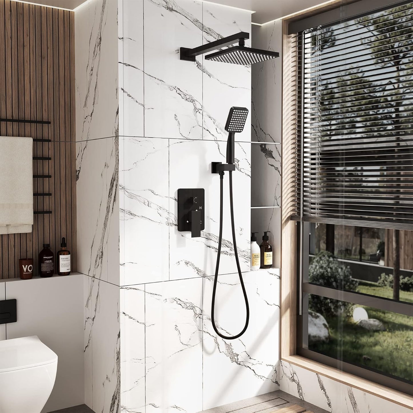 ROOMTEC Rainfall Shower System Matte Black with High Pressure 8 inch Shower Head Hand Held Shower Head Bathroom Luxury Rain Mixer Shower Complete Combo Set Wall Mounted (Valve Included)