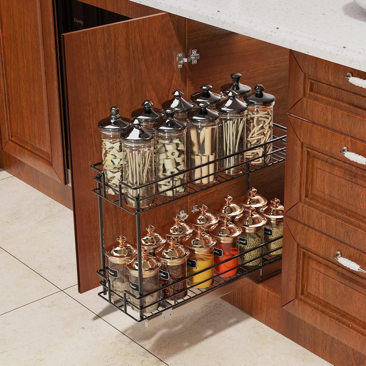 ROOMTEC Pull Out Spice Rack for Narrow Cabinet (5½" W X 21" D),3 Tier Slide Out Cabinet Organizer and Pull Out Shelves Under Cabinet Storage for Kitchen, Chrome