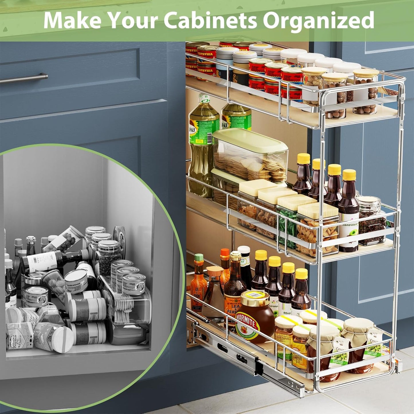 ROOMTEC 3-Tier Pull Out Cabinet Organizer Spice Rack for Narrow Cabinet 6" W x 20½" D, Slide Out Wood Shelves Storage for Kitchen