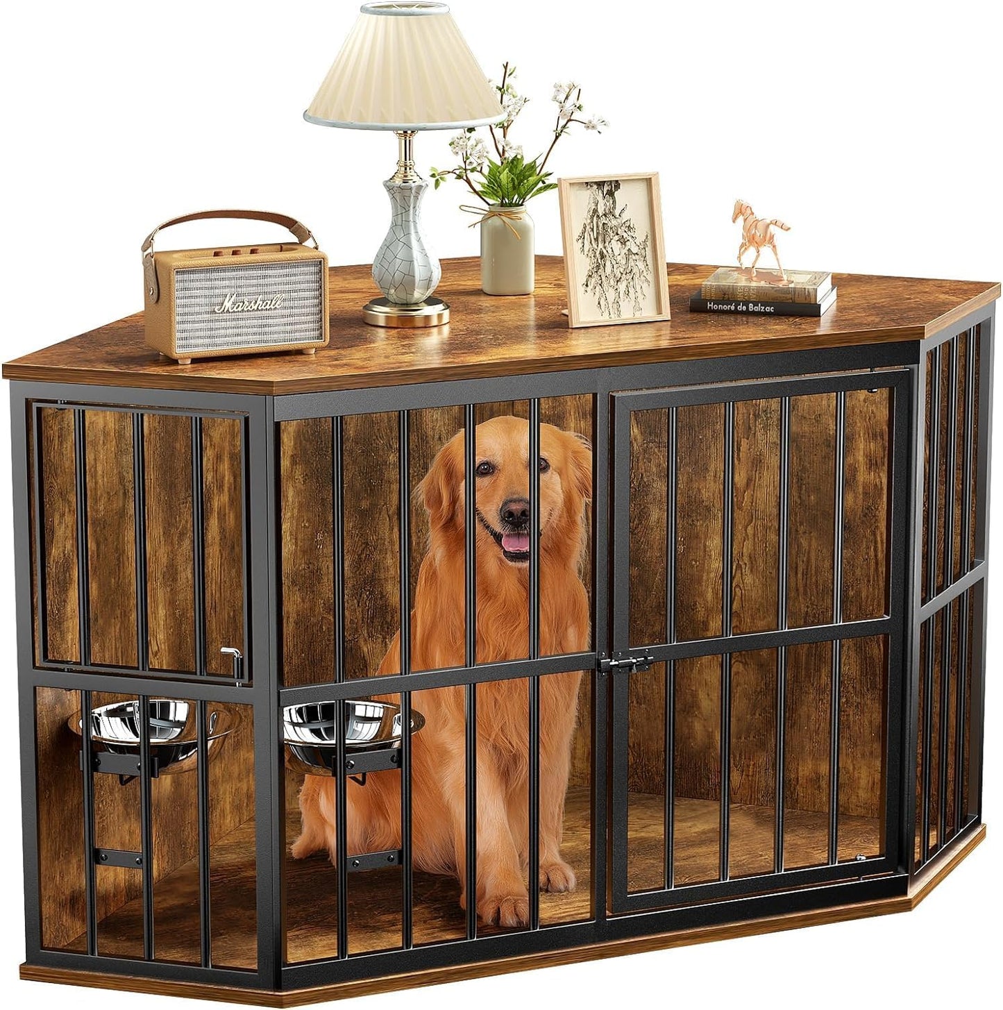ROOMTEC 42 inch Furniture Dog Crate Corner, Dog Kennel Corner Wooden End Table with Bowl, Indoor Pet Crates Corner Side Table for Dogs, Wide Top Perfect for Limited Room