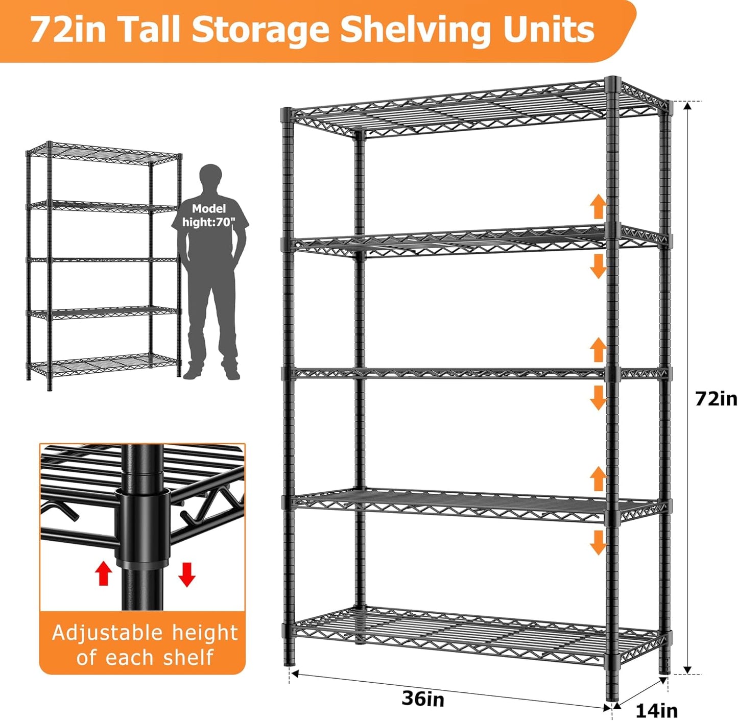 Roomtec Storage Shelves Heavy Duty, 48" L x 20" W x 72" H Garage Wire Shelving Unit Loads 2000LBS, 5-tier Adjustable Metal Industrial Utility Shelf Rack for Kitchen, Laundry Room, Pantry, Warehouse, Basement