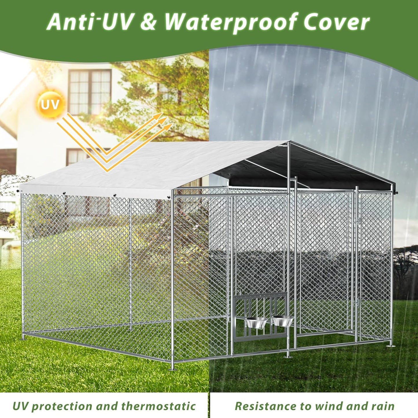 ROOMTEC Outside Dog Kennel with Roof Heavy Duty Outdoor Dog Kennel with 2 Rotating Bowls and Updated Secure Lock Large Dog Kennel with Removable Cover for Large Pet (7.5'x7.5'x5.6')