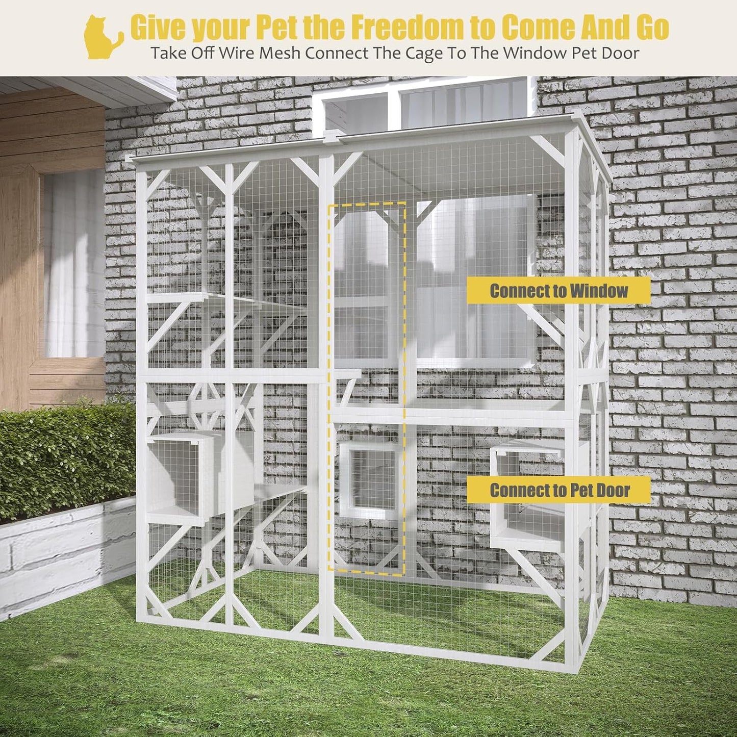 ROOMTEC Catio Outdoor Cat Enclosure with Roof 71" Height Large Cat House Cat Wooden Cage with 3 Jumping Platforms and 1 Napping Houses for Cat Activity (Grey)