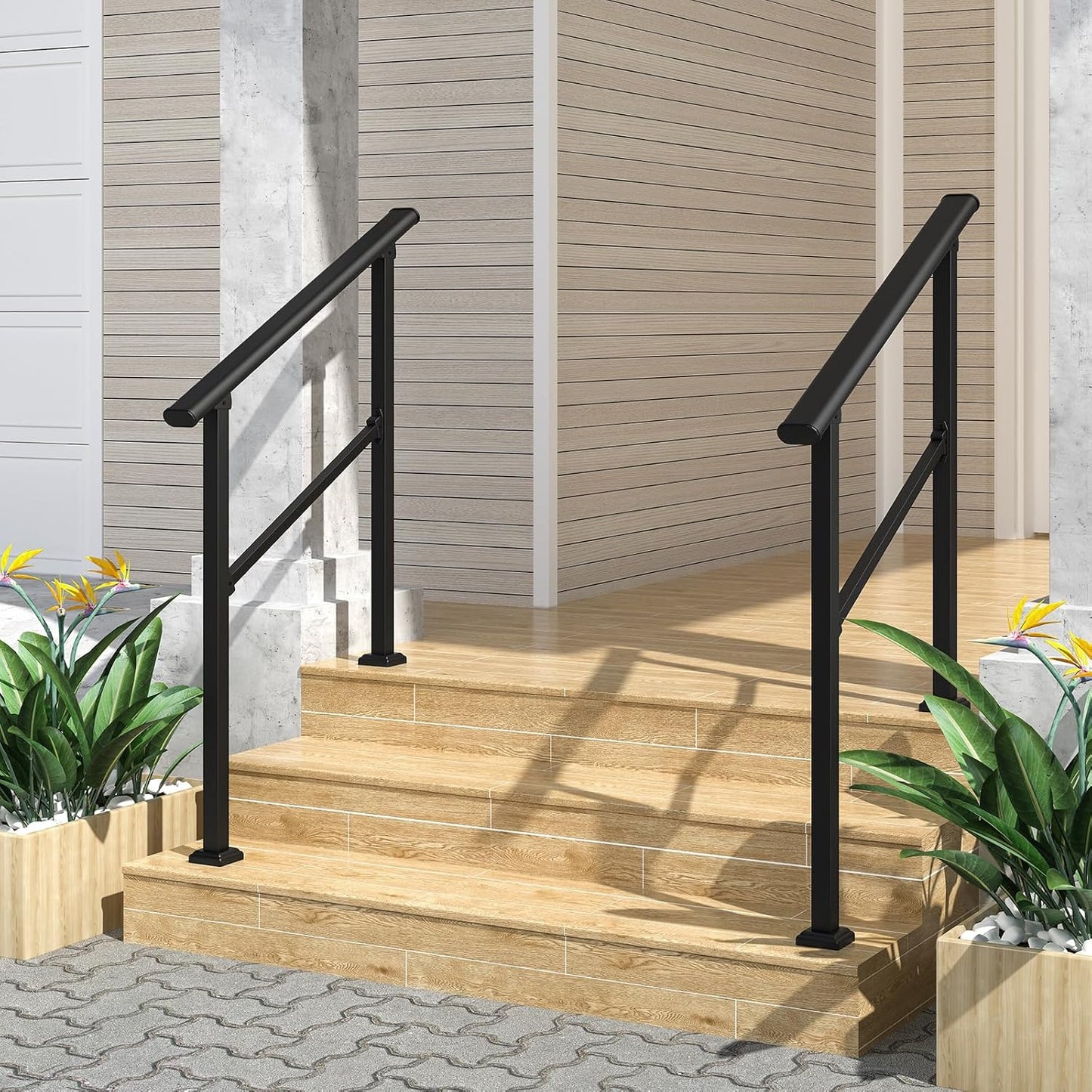 ROOMTEC  2 Step Hand Rails for Outdoor Steps, Wrought Iron Railing, Exterior Hand Railing for Steps, Porch Railing Kit (1-2 Steps Handrail)