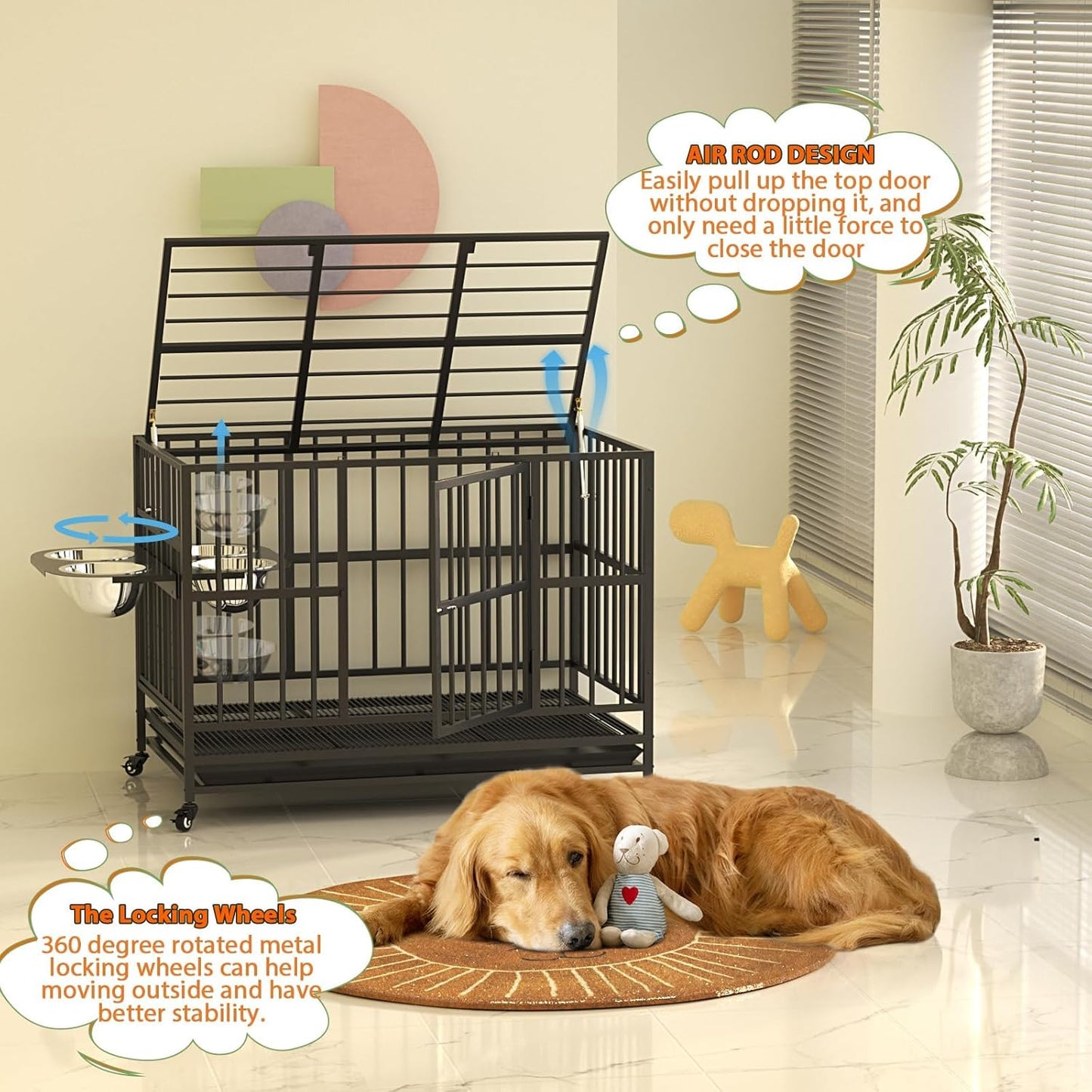 ROOMTEC  43" Heavy Duty Dog Crate with Unique Air Lift Rod/Wheels/ 360° & Adjustable 2 Bowls, Extra Medium Dog Crate