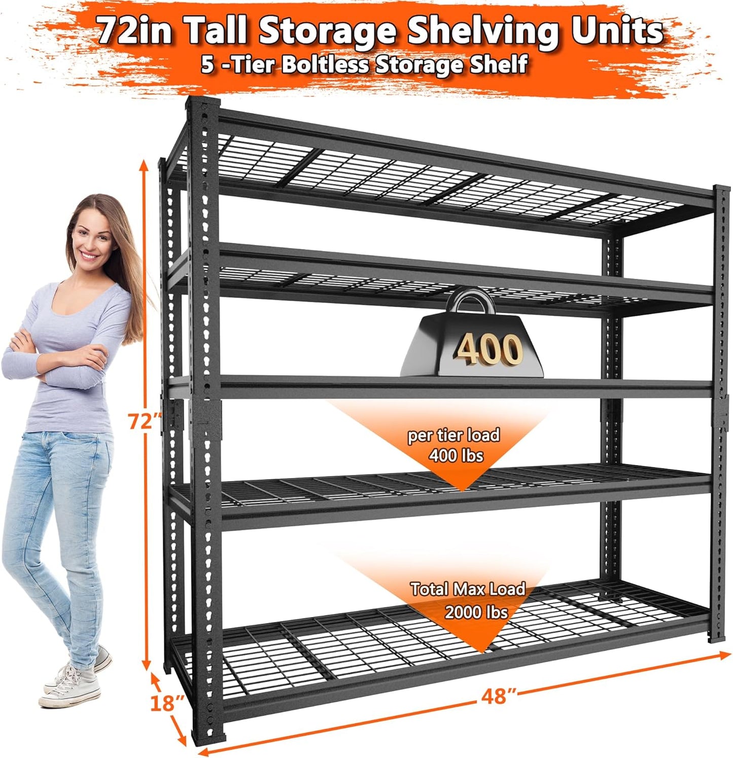 ROOMTEC Garage Shelving, 2800 LBS Capacity Sorage Shelves Heavy Duty, 5 Tier Adjustable Metal Organizer Wire Rack, 48"L x 18"W x 72"H Utility Shelf Unit for Kitchen Pantry (1, 48" L x 18" W x 72" H)