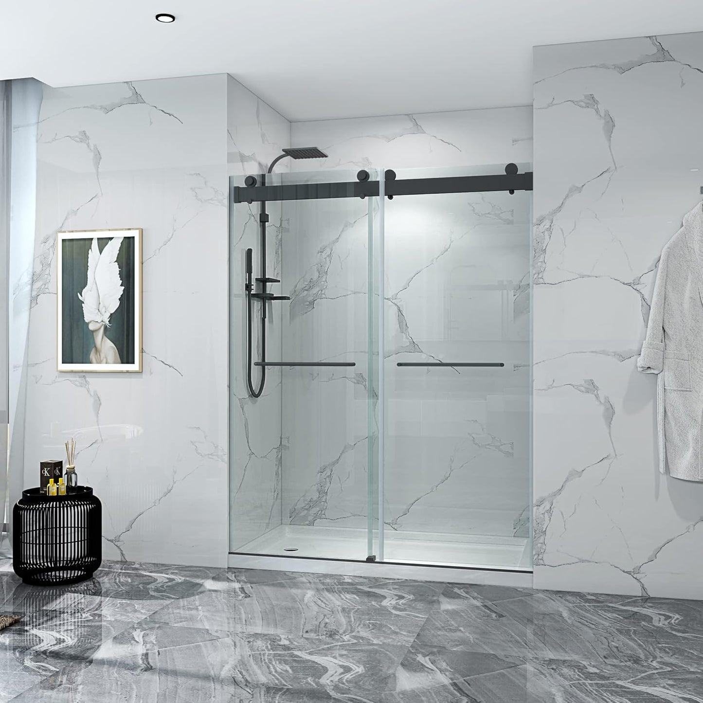 ROOMTEC 56 to 60'' W x 76'' H Frameless Shower Door, Double Sliding Shower Door with Premium 3/8'' (10mm) Thick Tempered Glass, Stainless Steel, Matte Black